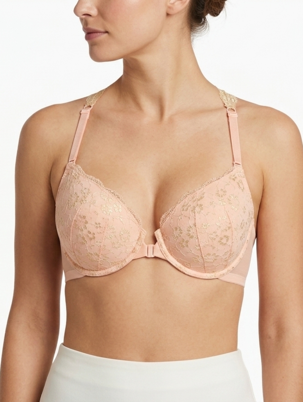 Victoria's Secret Blush Pink Lace Front-Close‎ Push-Up Bra with Gold Accents
